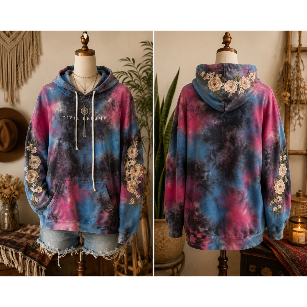 Civil Regime Tie Dye Floral Embroidered Hoodie Pink Blue Distressed XL Thrashed